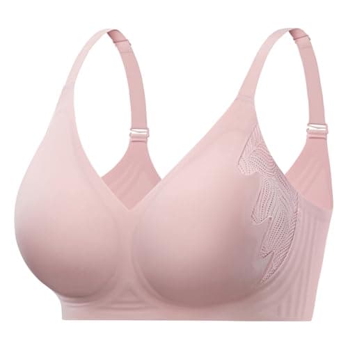 Angelhood Bra for Women No Underwire Seamless Full Coverage Bralettes Lace Edge Ultra Comfort Support T-Shirt Bra Push Up Pink - Thumbnail 6