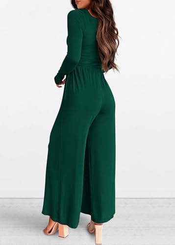 KIRUNDO Long Sleeve Jumpsuit for Women 2026 Spring Outfits Summer One Piece Square Neck Wide Leg Pants Romper With Pockets(Dark Green, Large) - Thumbnail 2