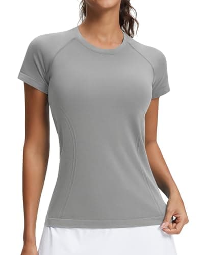 Stelle Women Seamless Workout Shirts Short Sleeve Athletic Top Yoga Gym Running T-Shirts(Grey,S) - Image 1