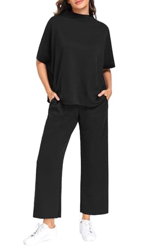 PrinStory Womens Lounge Set Summer 2 Piece Outfits Pullover Top and Wide Leg Pants Matching Sets 2026 Black-L - Thumbnail 5