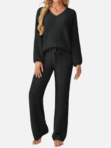 GKBK Womens 2 Piece Outfits Knit Sweater Sets Fuzzy Fleece Long Sleeve Top Wide Leg Pants Lounge Wear Matching Lounge Set 2026 Winter Casual V Neck Cozy Fashion Clothes Black L - Thumbnail 2