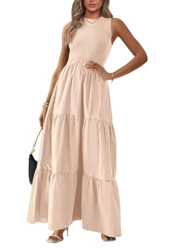BTFBM Women Sleeveless Summer Dresses Wedding Guest Maxi Dresses Ribbed Knit Tops and Polyester Skirt with Pockets(Solid Beige,Large) - Image 1