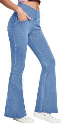 IUGA Stretchy Jeans for Women Bell Bottom Jeans V Cross High Waisted Jeggings Pull On Wide Leg Sweatpant Jean Flare Leggings(Baby Blue, Small) - Image 1