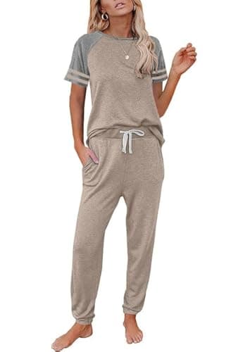 PRETTYGARDEN Short Sleeve Jogger Sets for Women 2 Piece Color Block Casual Tops and Long Pants Track Suit Matching Pajama Set(Z-Khaki,X-Large) - Image 1