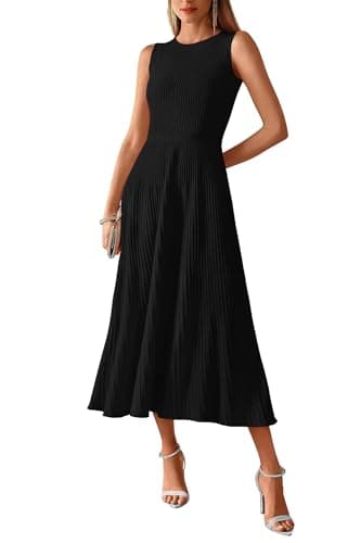 BTFBM Women Tank Midi Dress Summer Crewneck Sleeveless Pleated A Line Business Casual Formal Sweater Spring Dresses 2026(Black, Small)