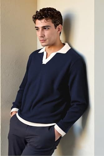 BAYAMO Mens Polo Sweater V Neck Long Sleeve Pullover Sweater Casual Knit Textured Sweater Navy M - Thumbnail 3