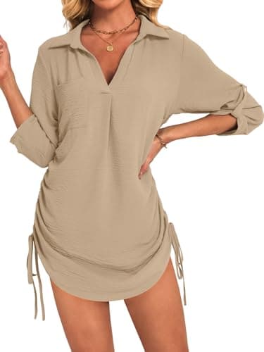 GKBK Women Swimsuit Coverup Bathing Suit Cover Ups for Swimwear Swim 2026 Summer Bikini Beachwear Drawstring Beach Dress Shirt Sundresses Casual Clothes Fashion Trends Apricot XL - Thumbnail 2