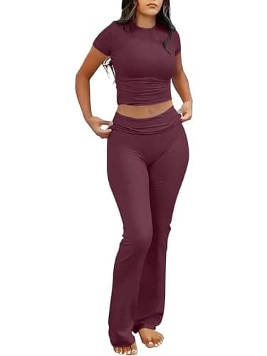 ANRABESS Lounge Sets for Women 2 Piece Foldover Yoga Flare Leggings Pants Crop Tops Casual Y2K Outfits Matching Tracksuit Set Burgundy Medium - Image 1