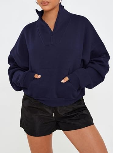 PRETTYGARDEN Womens Quarter Zip Long Sleeve Cropped Sweatshirt 2026 Fall Winter Casual V Neck Pullover Tops With Pockets(Navy,Medium) - Thumbnail 2
