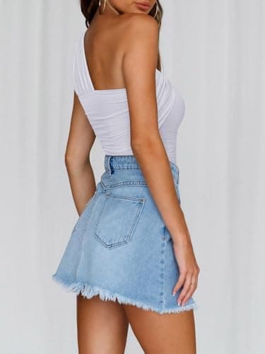 REORIA Womens Sexy One Shoulder Asymmetrical Tank Top Leopard Print Mesh Ruched Sleeveless Backless Trendy Going Out Thong Bodysuits Tops White X-Large - Thumbnail 3
