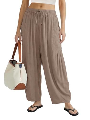 COCOMARTS Womens Linen Wide Leg Palazzo Pants Casual Loose Elastic Drawstring Flowy Pant 2025 Fall Travel Baggy Harem Pants with Pocket Coffee Small - Image 1