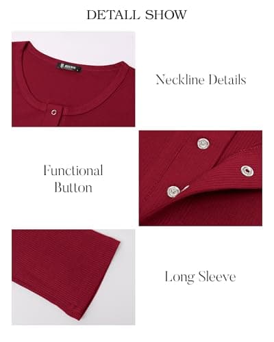 BTFBM Women Long Sleeve Shirts Fall Tops V Neck Button Up Henley Shirts Slim Fit Ribbed Knit Spring Casual T-Shirts 2026(Red,XX-Large) - Thumbnail 4