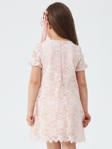 ALLOVIN Girls & Toddlers Graduation Soft Lace A-Line Short Sleeve Birthday Party Flower Girl Dress Wedding Communion | Pink | 4T - Thumbnail 4