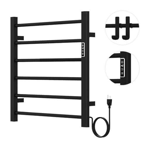 DOKKOME Towel Warmer Rack, 6 Bars Wall Mounted Towel Heater Towel Warmer with Timer and LED Indicator for Bathroom Hard-Wired/Plug-in Towel Drying Rack (6 Bars-Black)