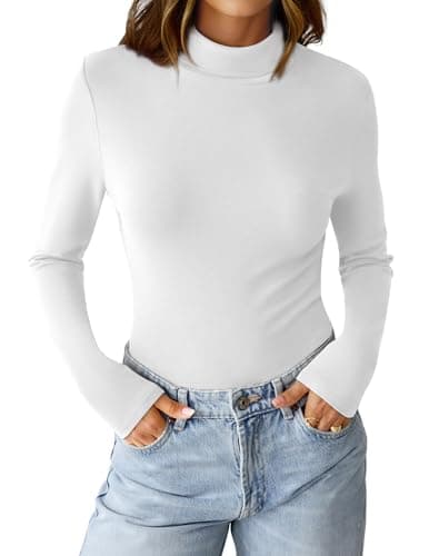 GKBK Womens Long Sleeve Shirts Mock Turtleneck Turtle Neck Fall Fashion Basic Thermal Underwear Layer Tops Tight Slim Fit Cute Ribbed T-Shirts Winter Pullover Clothes 2025 White S - Thumbnail 2