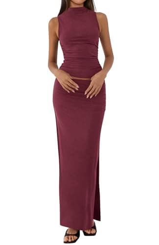 BTFBM Womens Two Piece Outfits Summer Lightweight 2026 Mock Neck Sleeveless Knit Tops Maxi Skirt Set Going Out Dress(Wine Red, X-Large) - Image 1