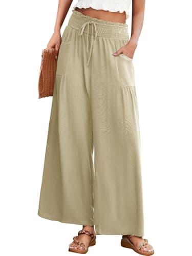 JUYUEO Wide Leg Linen Pants for Women High Waist Casual Flowy Boho Beach Palazzo Trousers with Pockets Apricot L - Image 1