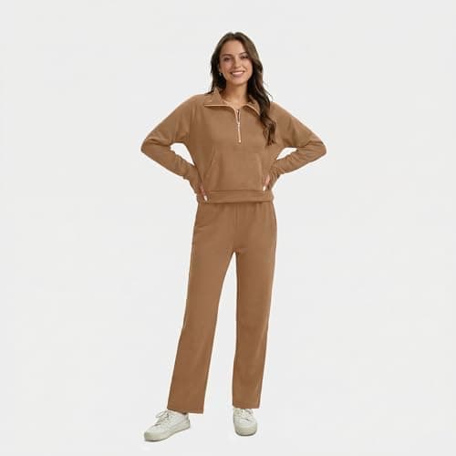 Anyshe Women's 2 Piece Sweatsuit Set Lounge Set Half Zip Sweatshirt with Kangaroo Pocket Thumb Holes Wide Leg Drawstring Pants Casual Tracksuit for Travel Daily Wear, Dark Khaki, Large - Thumbnail 2