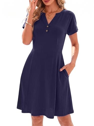 AUMORA Summer Dresses for Women 2026 Casual T Shirt Dress V Neck Short Sleeve with Pockets Loose Beach Vacation Dress Dark Blue - Image 1