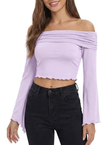 ZAFUL Women's Flounce Top Off Shoulder Crop Blouse Pleated Ruffle Bell Sleeve Shirt Bardot Asymmetrical Blouse Purple L - Image 1