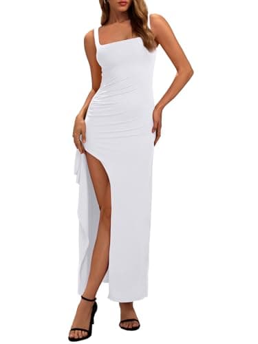 REORIA Womens Square Neck Backless Maxi Dress Sleeveless High Slit Ruched Wedding Guest Dress Brilliant White Medium - Image 1