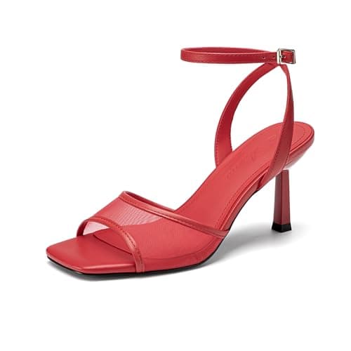 Athlefit Red High Heels for Women Mesh Square Open Toe 3-Inch Stiletto Heels Ankle Strap Buckle Dress Wedding Heeled Sandals Size 7 - Image 1