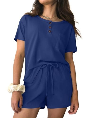 Ekouaer Womens Pajama Sets 2 Piece Ribbed Knit Pjs Short Sleeve Soft Sleepwear Summer Lounge Sets,Navy Blue,S - Image 1
