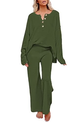 Pink Queen Women 2 Piece Lounge Sets 2026 Fall Outfits Henley Neck Sweater Matching Sweat Suits Comfy Pajamas Clothes Green XL - Image 1