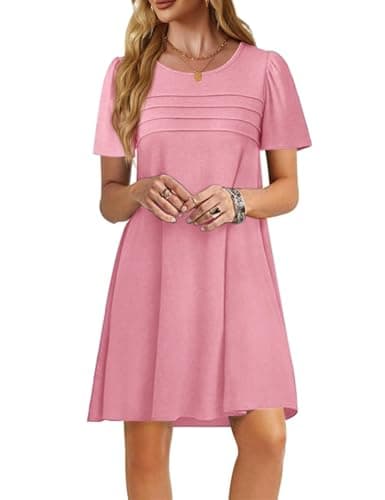 Imily Bela Womens Summer Casual T Shirt Dress Short Sleeve Crewneck Pleated Front Loose Beach Flowy Mini Dresses Pink