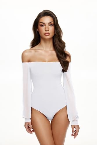 REORIA Womens Going Out Off The Shoulder Sheer Mesh Puff Long Sleeve Thong Bodysuit Tops White Medium - Thumbnail 3