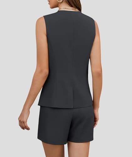 Casly Lamiit Womens 2025 Summer 2 Piece Outfits Sleeveless Crewneck Vest Business Formal Matching Short Sets Dressy Work Suits Dark Grey XL - Thumbnail 4