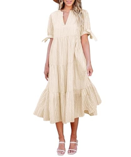 Theenkoln Womens Casual Midi Dress: Short Sleeve V-Neck Empire Waist Gingham Spring Fashion Long Trendy Tiered Formal Dresses Champagne - Image 1