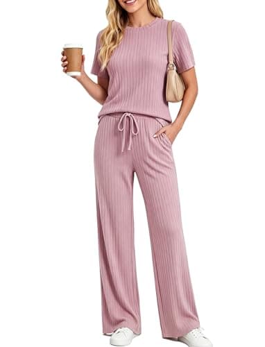 PATPAT Lounge Sets for Women 2 Piece Ribbed Knit Loungewear Short Sleeve Pajama Set Matching Pj Set Soft Outfits with Pockets Purple, XXL - Image 1