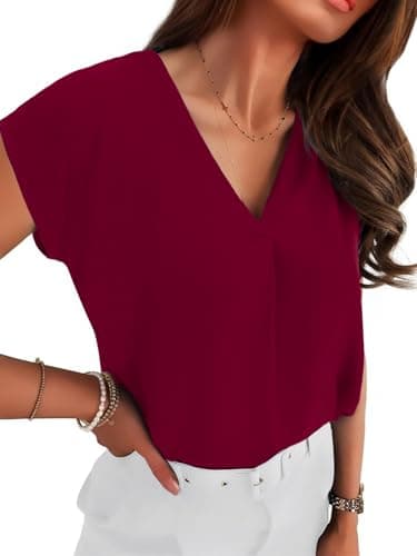 Totatuit Women Summer Chiffon Blouses Pleated V Neck Cap Sleeve Tunic Loose Fit Work Tops for Casual Business Holiday Silk Shirts Wine Red Large - Image 1