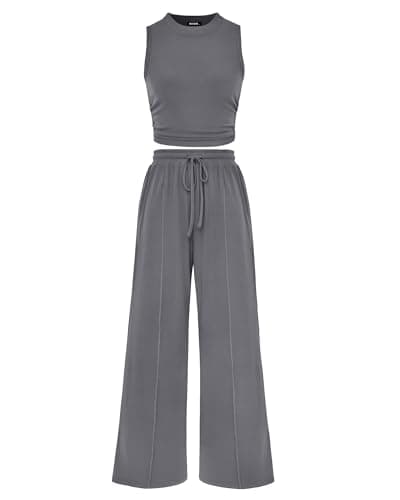 BTFBM Summer Outfits For Women 2026 Cropped Sleeveless Tank Tops Wide Leg Pants 2 Piece Sets Beach Lounge Set Clothing(Grey, Large) - Image 1