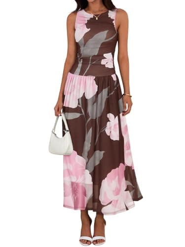 Wenrine Womens Summer Floral Maxi Dress Casual Sleeveless A Line Swing Flowy Beach Vacation Tank Dresses Brown - Image 1