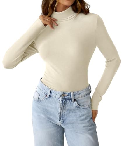 GKBK Womens Long Sleeve Shirts Mock Turtleneck Turtle Neck Fall Fashion Basic Thermal Underwear Layer Tops Tight Slim Fit Cute Ribbed T-Shirts Winter Pullover Clothes 2025 Beige L - Thumbnail 6