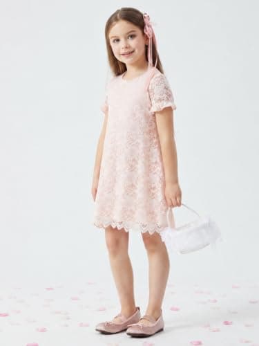 ALLOVIN Girls & Toddlers Graduation Soft Lace A-Line Short Sleeve Birthday Party Flower Girl Dress Wedding Communion | Pink | 4T - Thumbnail 3