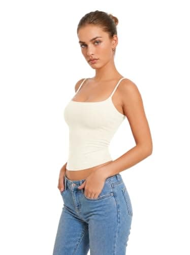 Women Summer Tank Top Trendy Y2K Going Out Top Spaghetti Strap Double Line Sexy Square Tanks Tops Woman Casual Basic Cami Shirts (Cream White,M) - Thumbnail 5