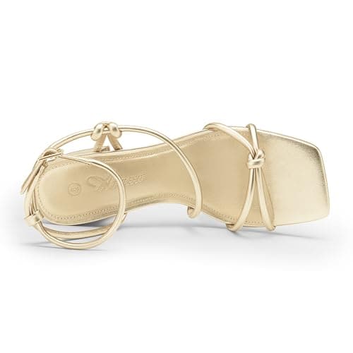 Athlefit Gold Heels Sexy Women Strappy Heels with Square Toe Low Chunky Block Heels Sandals Comfortable Summer Party Shoes for Dancing Wedding Prom Work 9 - Thumbnail 6