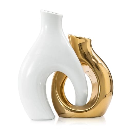 White and Gold Vases, Set of 2 vases Flowers, Pretty Vase Home Decor Boho, Hollow Modern Ceramic vase for Centerpieces - Image 1