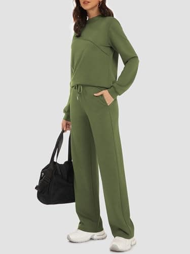 Casly Lamiit Womens Two Piece Lounge Set Fall Casual Travel Outfits Mock Neck Sweatshirt Wide Leg Pants 2025 Matching Airport Tracksuit Army Green XL - Thumbnail 3