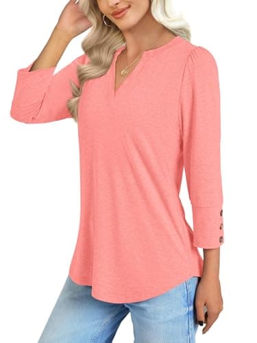 NORACORA Womens Tops 3/4 Sleeve with Buttons Dressy Casual Blouses for Women V Neck T Shirts Beach Vacation Spring Summer Outfits Coral XXL - Thumbnail 3