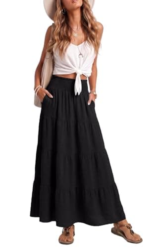 Lepunuo Womens Plus Size High Waisted Flowy Maxi Skirts Tiered Floral Long Skirts with Pockets for Summer Beach Vacation A - Black - Image 1