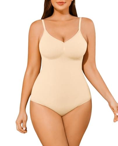 AegisChic Shapewear Tummy Control BodySuit for Women V-Neck Thong Seamless Butt Lift Seamless Body Suit with Adjustable Straps Beige - Image 1