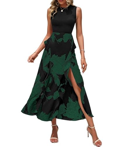 BTFBM Women Casual Sleeveless Summer Dresses 2026 Spring Crewneck Patchwork Boho Floral Ruffle Cocktail Party Midi Dress(Big Floral Dark Green, XX-Large) - Image 1