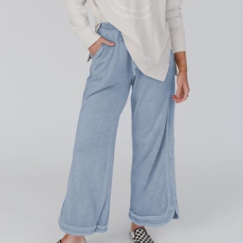 Ainangua Women's Palazzo Pants Acid Wash Capri Pants Drawstring Athletic Wide Leg Trousers Summer Lounge Home(Light-Blue,XL) - Thumbnail 4