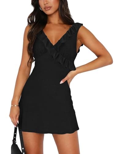 OWIN Cocktail Dresses for Women Short Sexy V Neck Ruffles Backless Mini Dress Sleeveless A Line Bodycon Homecoming Club Night Out Party Dresses Black, XL - Image 1