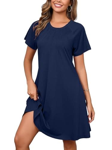 Heymoments Women's Short Sleeve Dress Navy Blue XX-Large Plus Size Crewneck Casual Flowy Below Knee Length Sundress Comfortable Shirt Work Summer Cheap Dresses with Pockets - Image 1