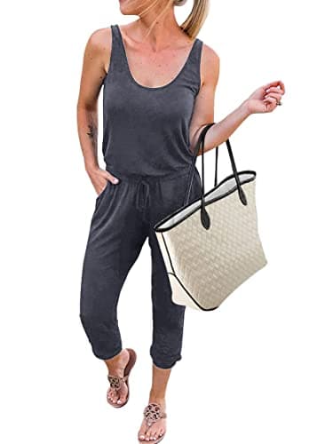 (kirundo 2023 women's summer jumpsuits casual sleeveless jumpsuit drawstring waist long pant romper pajama with pockets(dark grey, large),(Crew Neck,casual,waist) - Image 1